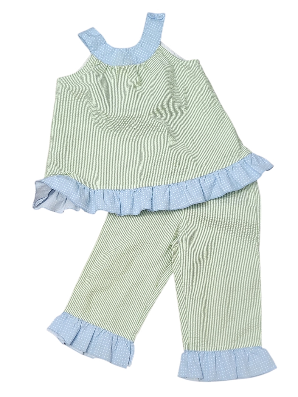 Vintage Seersucker Outfit Size 4 Girls The Bailey Boys Green Blue Stripe 2 Pc